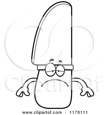 Cartoon of an Outlined Depressed Knife Mascot - Royalty Free Vector Clipart by Cory Thoman