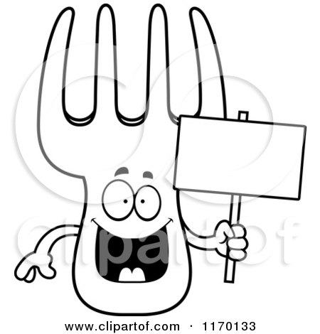 Cartoon of an Outlined Happy Fork Mascot Holding a Sign - Royalty Free Vector Clipart by Cory Thoman