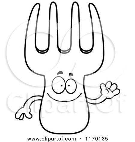 Cartoon of an Outlined Waving Fork Mascot - Royalty Free Vector Clipart by Cory Thoman