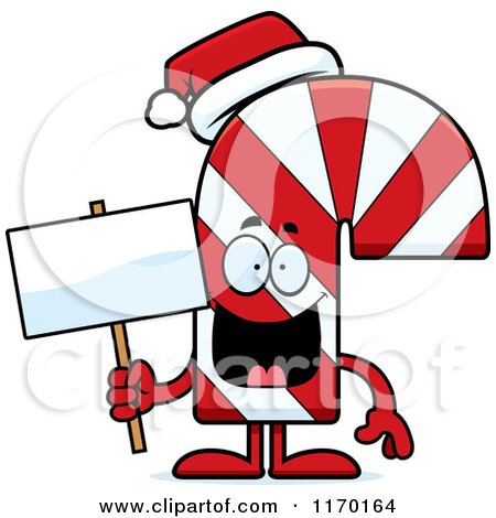 Cartoon of a Happy Candy Cane Mascot Holding a Sign - Royalty Free Vector Clipart by Cory Thoman