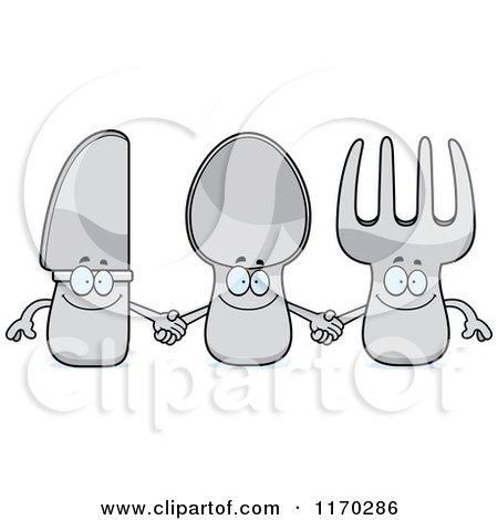 Cartoon of a Knife Spoon and Fork Holding Hands - Royalty Free Vector Clipart by Cory Thoman
