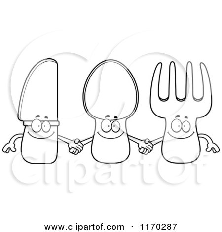 Cartoon of an Outlined Knife Spoon and Fork Holding Hands - Royalty Free Vector Clipart by Cory Thoman