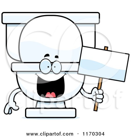 Cartoon of a Happy Toilet Mascot Holding a Sign - Royalty Free Vector Clipart by Cory Thoman