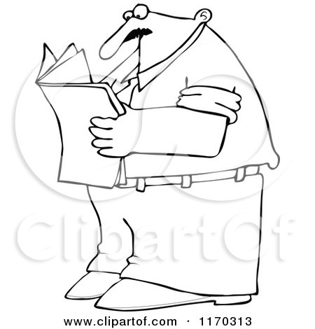 Cartoon of an Outlined Man Standing and Reading a Newspaper - Royalty Free Vector Clipart by djart