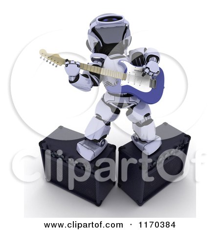 Clipart of a 3d Robot Playing an Electric Guitar on Amps - Royalty Free CGI Illustration by KJ Pargeter