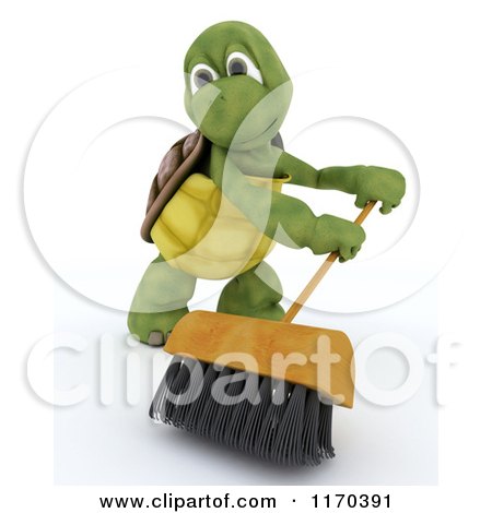Clipart of a 3d Tortoise Using a Shop Push Broom - Royalty Free CGI Illustration by KJ Pargeter