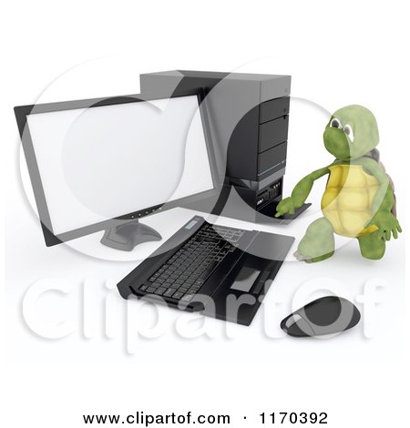 Clipart of a 3d Tortoise Working on a Desktop Computer - Royalty Free CGI Illustration by KJ Pargeter