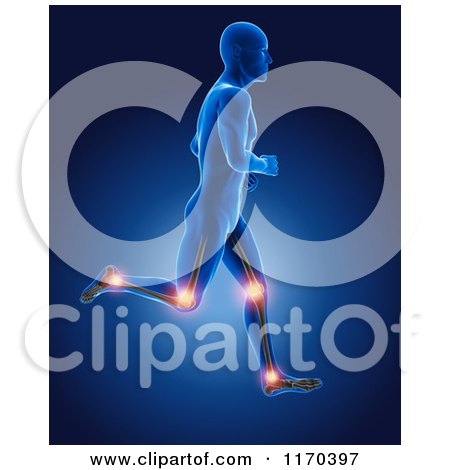 Clipart of a 3d Blue Man Running with Visible Skeleton and Highlighted Knee and Ankle Joints - Royalty Free CGI Illustration by KJ Pargeter