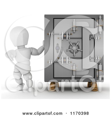 Clipart of a 3d White Character by a Vault Safe - Royalty Free CGI Illustration by KJ Pargeter