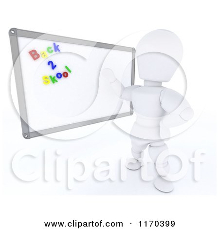 Clipart of a 3d White Character Teacher with Back 2 Skool Magnets on a White Board - Royalty Free CGI Illustration by KJ Pargeter