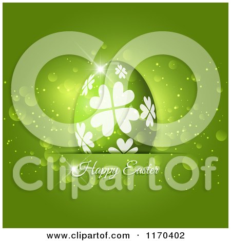 Clipart of Happy Easter Text Under an Egg with Sparkles on Green - Royalty Free Vector Illustration by KJ Pargeter