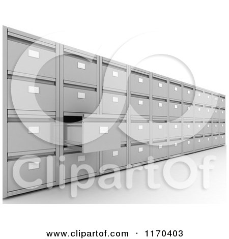Clipart of a 3d Wall of Office Filing Cabinets with One Drawer Open - Royalty Free CGI Illustration by KJ Pargeter