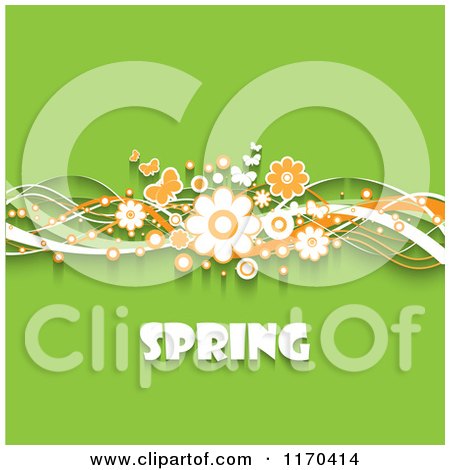 Clipart of Spring Text Under Orange and White Flowers and Butterflies on Green - Royalty Free Vector Illustration by KJ Pargeter