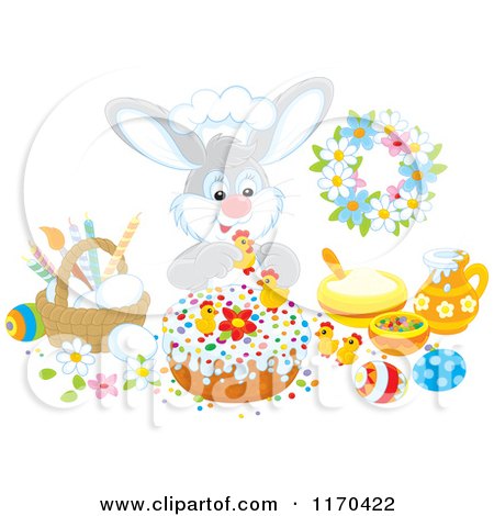 Cartoon of a Chef Bunny Decorating an Easter Cake - Royalty Free Vector Clipart by Alex Bannykh