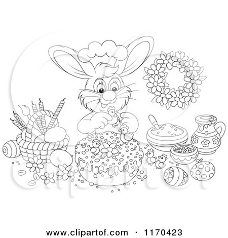 Cartoon of an Outlined Chef Bunny Decorating an Easter Cake - Royalty Free Vector Clipart by Alex Bannykh