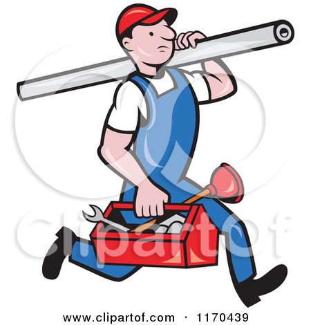 Clipart of a Cartoon Plumber Worker Running with a Pipe and Tool Box - Royalty Free Vector Illustration by patrimonio