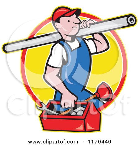 Clipart of a Cartoon Plumber Worker with a Pipe and Tool Box in a Yellow Circle - Royalty Free Vector Illustration by patrimonio