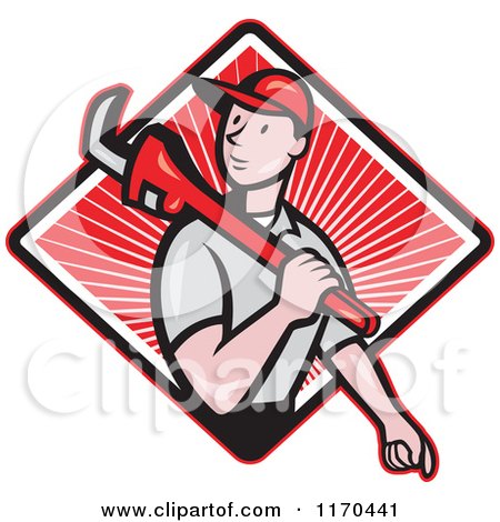 Clipart of a Cartoon Plumber Worker Walking with a Monkey Wrench over a Red Ray Diamond - Royalty Free Vector Illustration by patrimonio