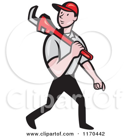 Clipart of a Cartoon Plumber Worker Walking with a Monkey Wrench - Royalty Free Vector Illustration by patrimonio