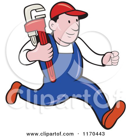Clipart of a Cartoon Plumber Running with a Monkey Wrench - Royalty Free Vector Illustration by patrimonio