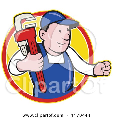 Clipart of a Cartoon Plumber with a Monkey Wrench in a Yellow Circle - Royalty Free Vector Illustration by patrimonio