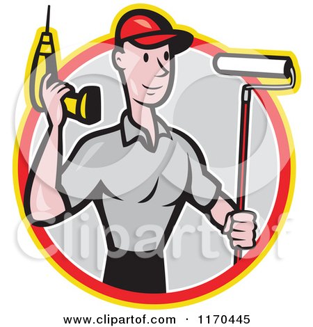 Clipart of a Cartoon Handyman Worker with a Drill and Paint Roller Brush in a Gray Circle - Royalty Free Vector Illustration by patrimonio