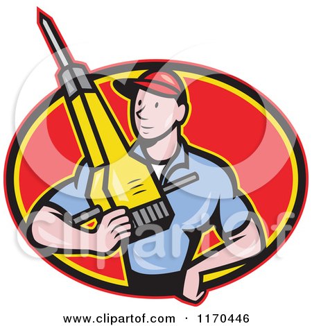 Clipart of a Cartoon Construction Worker Man Holding a Jackhammer in a Red Oval - Royalty Free Vector Illustration by patrimonio