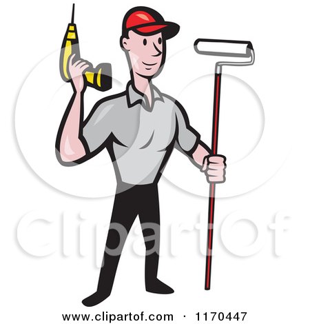 Clipart of a Cartoon Handyman Worker with a Drill and Paint Roller Brush - Royalty Free Vector Illustration by patrimonio