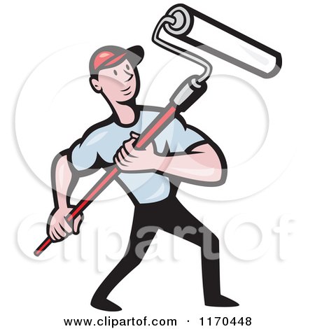Clipart of a Cartoon Painter Man Using a Roller Brush - Royalty Free Vector Illustration by patrimonio