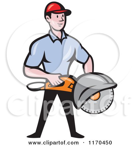 Clipart of a Cartoon Worker Man Holding a Concrete Saw - Royalty Free Vector Illustration by patrimonio