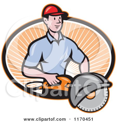 Clipart of a Cartoon Worker Man Holding a Concrete Saw over an Oval of Rays - Royalty Free Vector Illustration by patrimonio