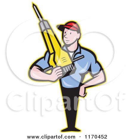 Clipart of a Cartoon Construction Worker Man Holding a Jackhammer - Royalty Free Vector Illustration by patrimonio