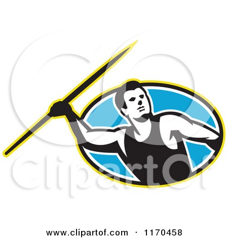 Clipart of a Retro Track and Field Javelin Thrower over a Blue Oval - Royalty Free Vector Illustration by patrimonio
