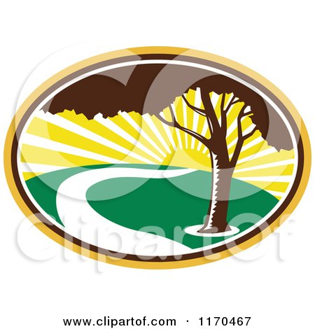 Clipart of a Pecan Tree and River Against a Sunrise - Royalty Free Vector Illustration by patrimonio