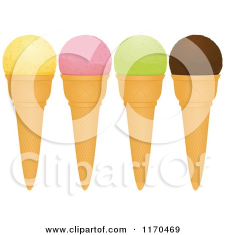 Clipart of Vanilla Strawberry Pistachio and Chocolate Ice Cream Cones - Royalty Free Vector Illustration by elaineitalia