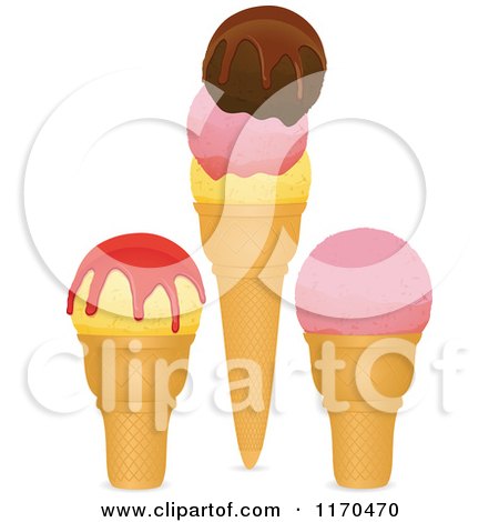 Clipart of Strawberry Chocolate and Vanilla Ice Cream Cones with Syrups - Royalty Free Vector Illustration by elaineitalia