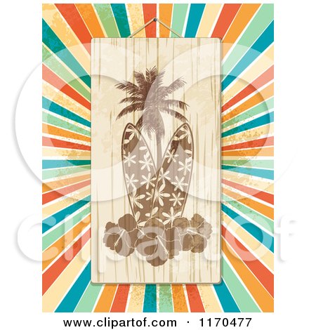 Clipart of a Wooden Surfboard Palm Tree and Hibiscus Sign over Colorful Grungy Rays - Royalty Free Vector Illustration by elaineitalia