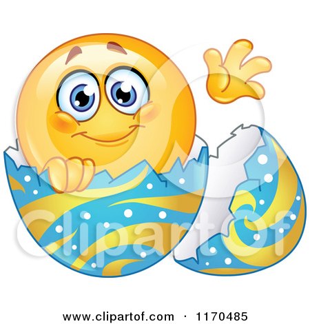 Cartoon of a Waving Emoticon Smiley in an Easter Egg - Royalty Free Vector Clipart by yayayoyo