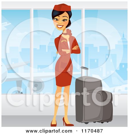 Clipart of a Beautiful Airline Stewardess in a Red Uniform, Standing by Windows with Her Luggage - Royalty Free Vector Illustration by Amanda Kate