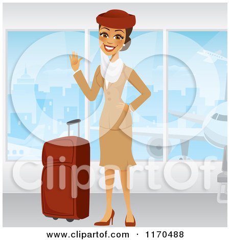 Clipart of a Waving Emirates Airline Stewardess in a Brown Uniform, Standing by Windows with Her Luggage - Royalty Free Vector Illustration by Amanda Kate