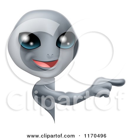 Cartoon of a Cute Gray Alien Looking Around a Sign and Pointing - Royalty Free Vector Clipart by AtStockIllustration