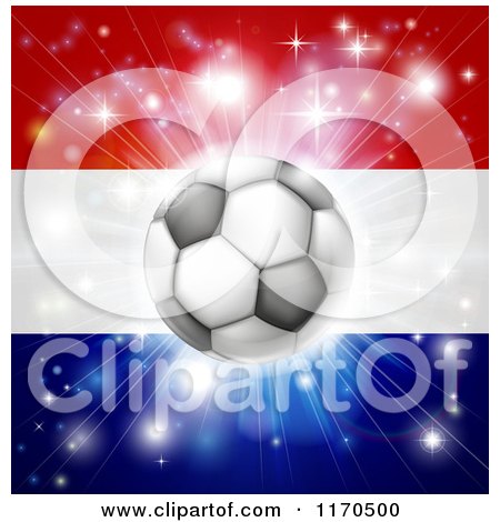 Clipart of a Soccer Ball over a Netherlands Flag with Fireworks - Royalty Free Vector Illustration by AtStockIllustration