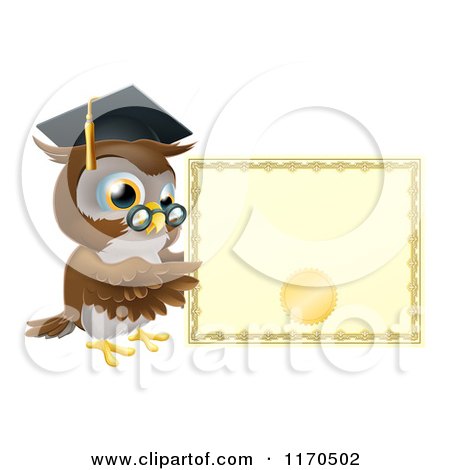 Cartoon of a Professor Owl with a Diploma and Graduation Cap - Royalty Free Vector Clipart by AtStockIllustration