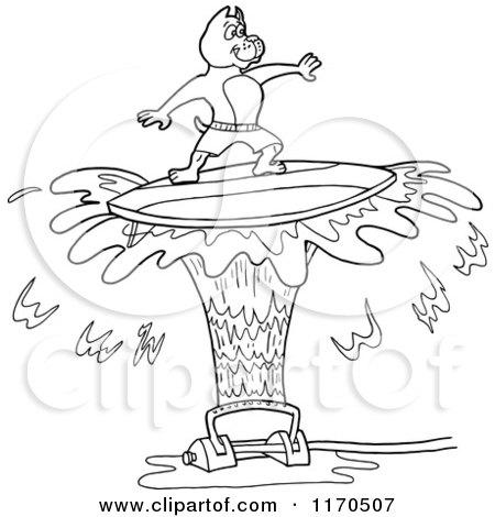 Cartoon of an Outlined Pitbull Dog Surfing on Sprinkler Spray - Royalty Free Vector Clipart by LaffToon