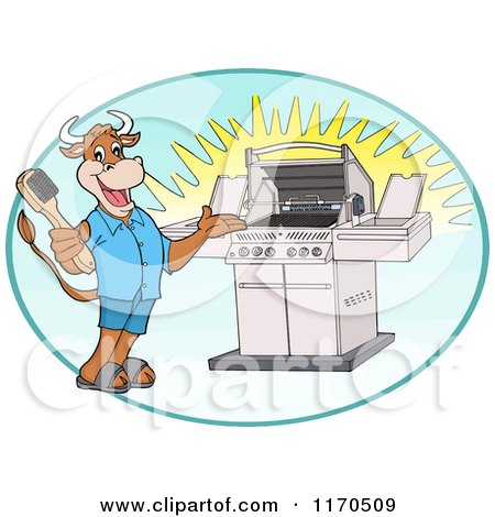 Cartoon of a Happy Cow Holding a Steel Brush and Presenting a Bbq Grill in an Oval - Royalty Free Vector Clipart by LaffToon