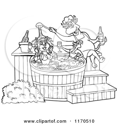 Cartoon of an Outlined Chef Bull Pouring Bbq Sauce on a Female Pig and Chicken in a Hot Tub - Royalty Free Vector Clipart by LaffToon