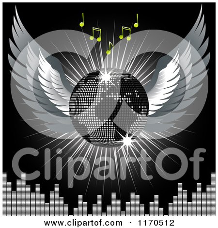 Clipart of a 3d Winged Disco Ball Globe with Music Notes and a Burst over an Equalizer on Black - Royalty Free Vector Illustration by elaineitalia