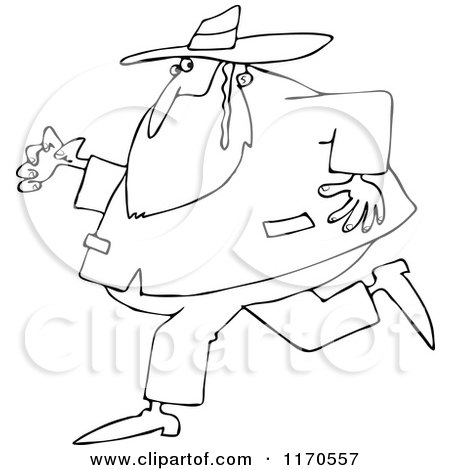 Cartoon of an Outlined Rabbi Man Running and Glancing Back - Royalty Free Vector Clipart by djart