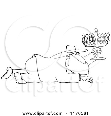 Cartoon of an Outlined Rabbi Man Crawling with a Menorah - Royalty Free Vector Clipart by djart