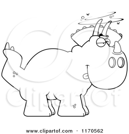 Cartoon Clipart Of A Drunk or Dumb Triceratops Dinosaur - Vector Outlined Coloring Page by Cory Thoman
